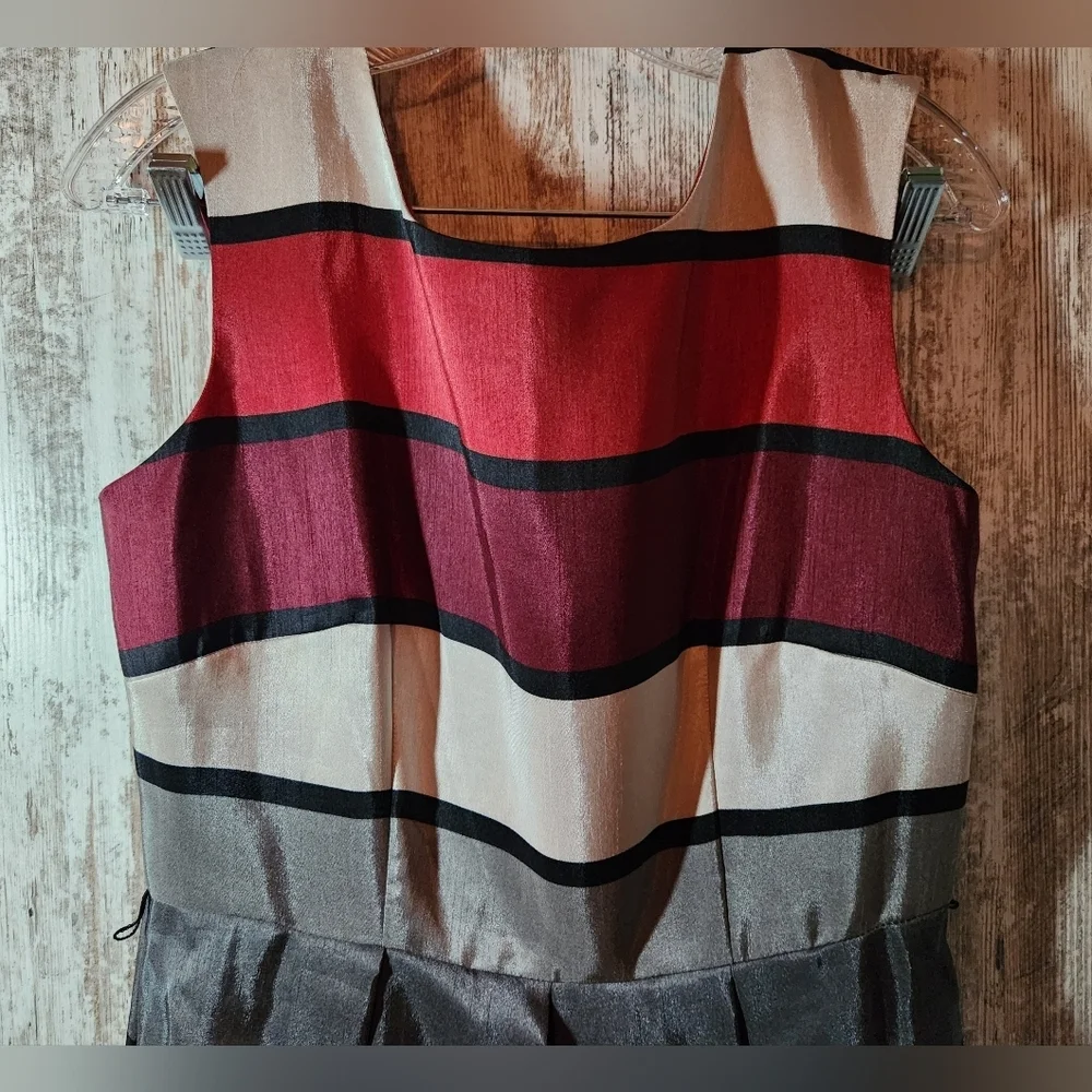 Julian Taylor Multicolor Striped Midi Dress Red Gray White Burgundy Sleeveless